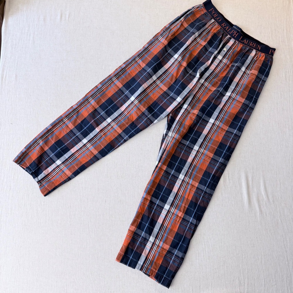 Polo Ralph Lauren Mens Orange Navy‎ Blue Plaid Cotton Sleepwear Pajama Pants Med